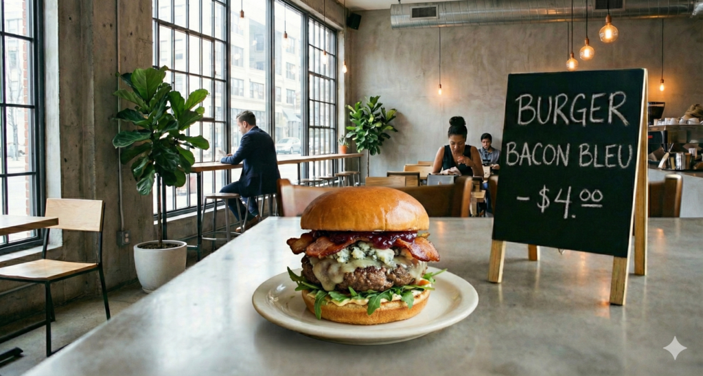 C'est une image qui montre le burger au Bacon bleu avec son prix.