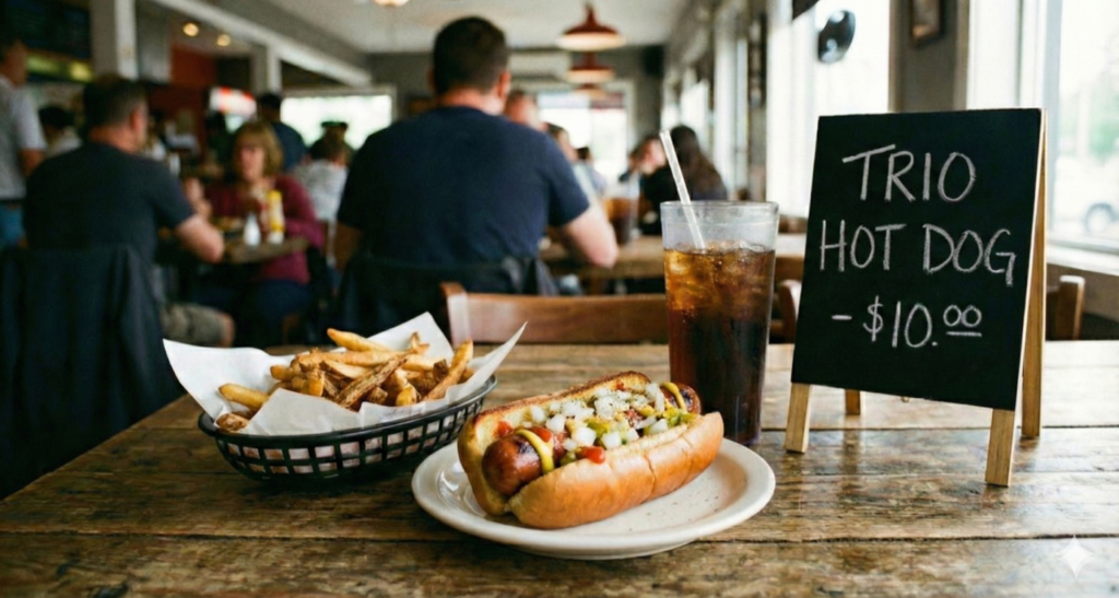 C'est une image qui montre une photo du Trio Hot Dog avec son prix.