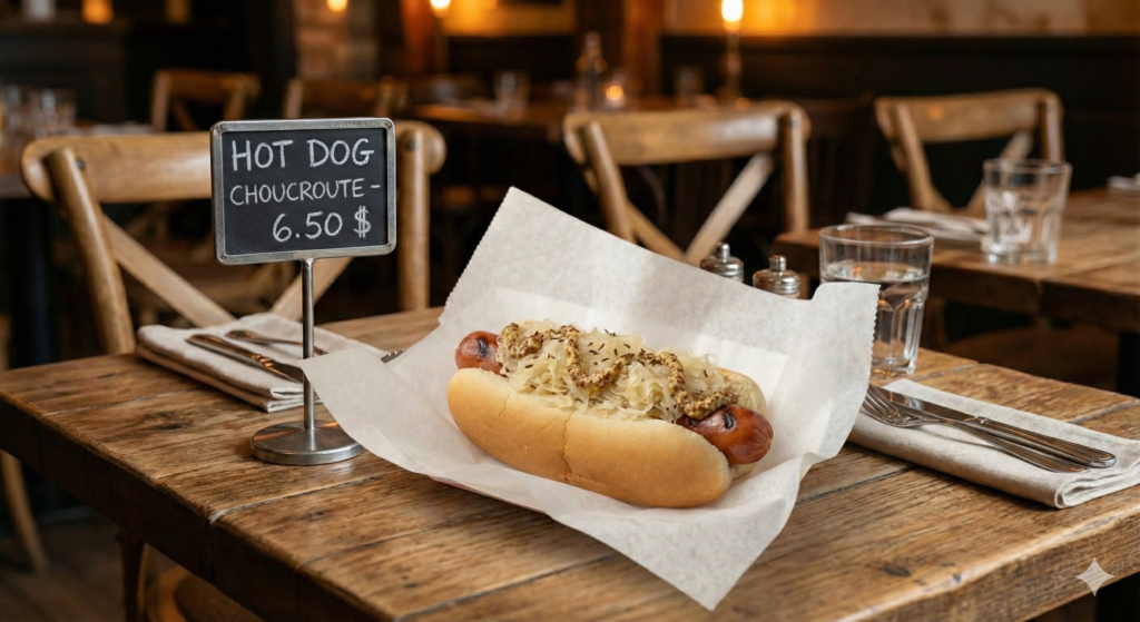 C'est une image qui montre une image du Hot Dog à la choucroute avec son prix.