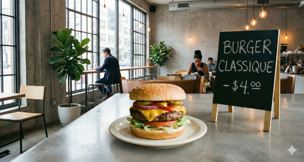 C'est une image qui montre le burger classique avec son prix.