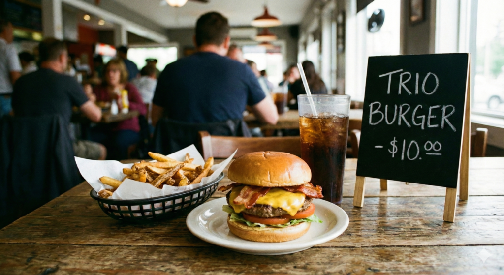 C'est une image qui montre une photo du Trio Burger avec son prix.